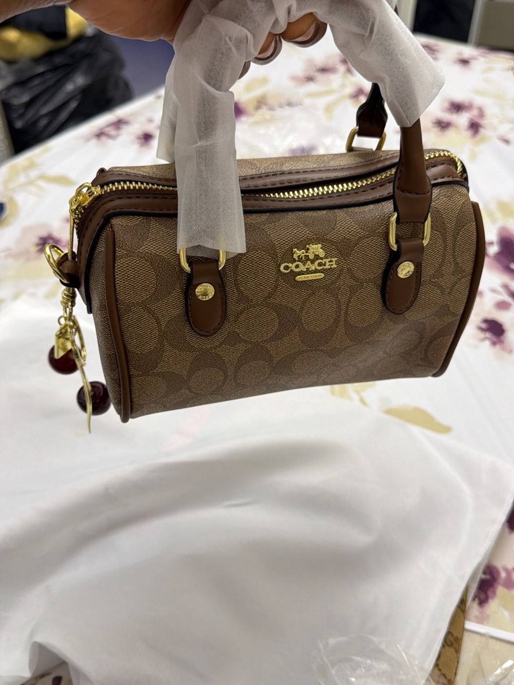 Coach Brown Signature Canvas Mini Barrel Satchel with Gold Hardware